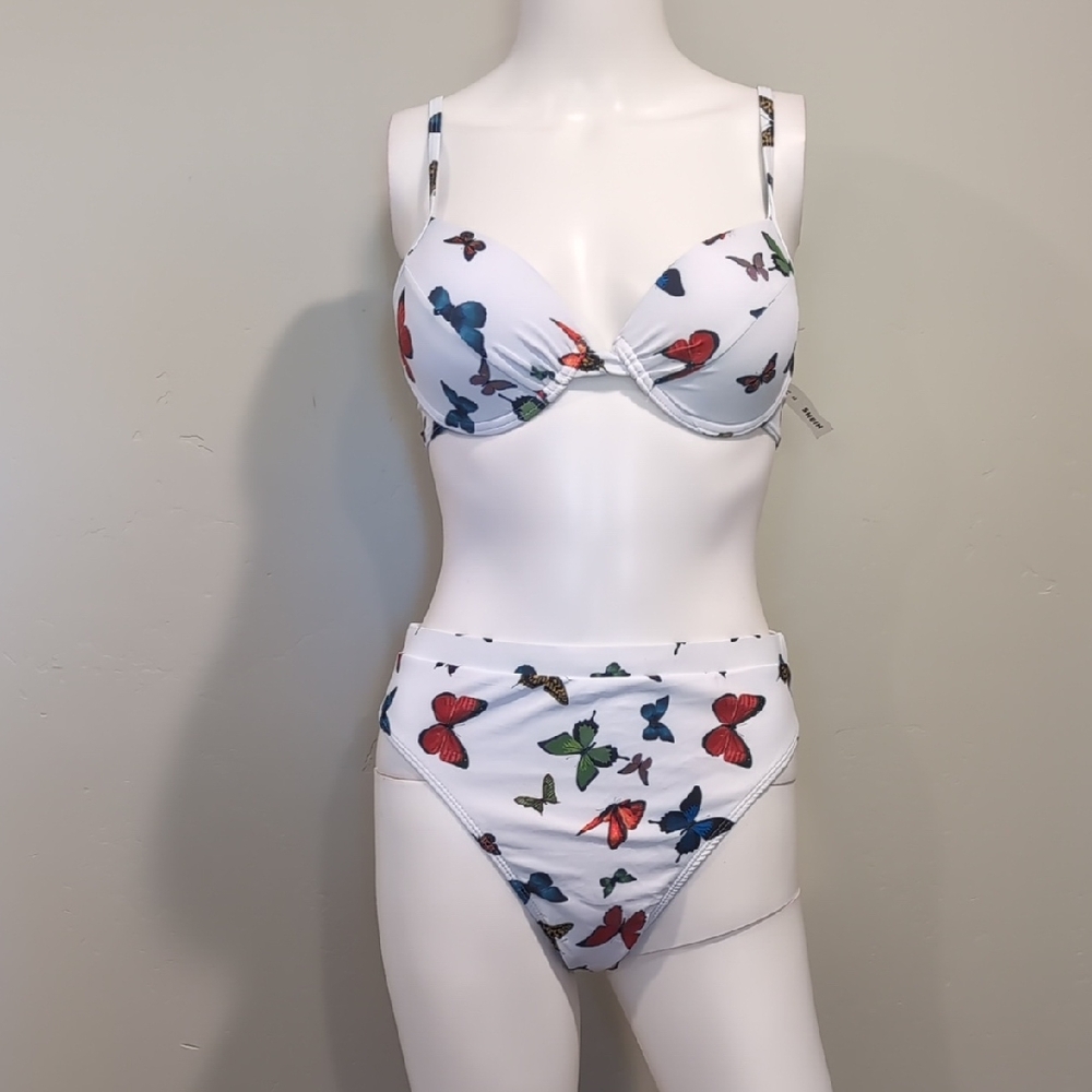 SHEIN White Multicolor Butterfly Print Matching Bikini Set Size Medium